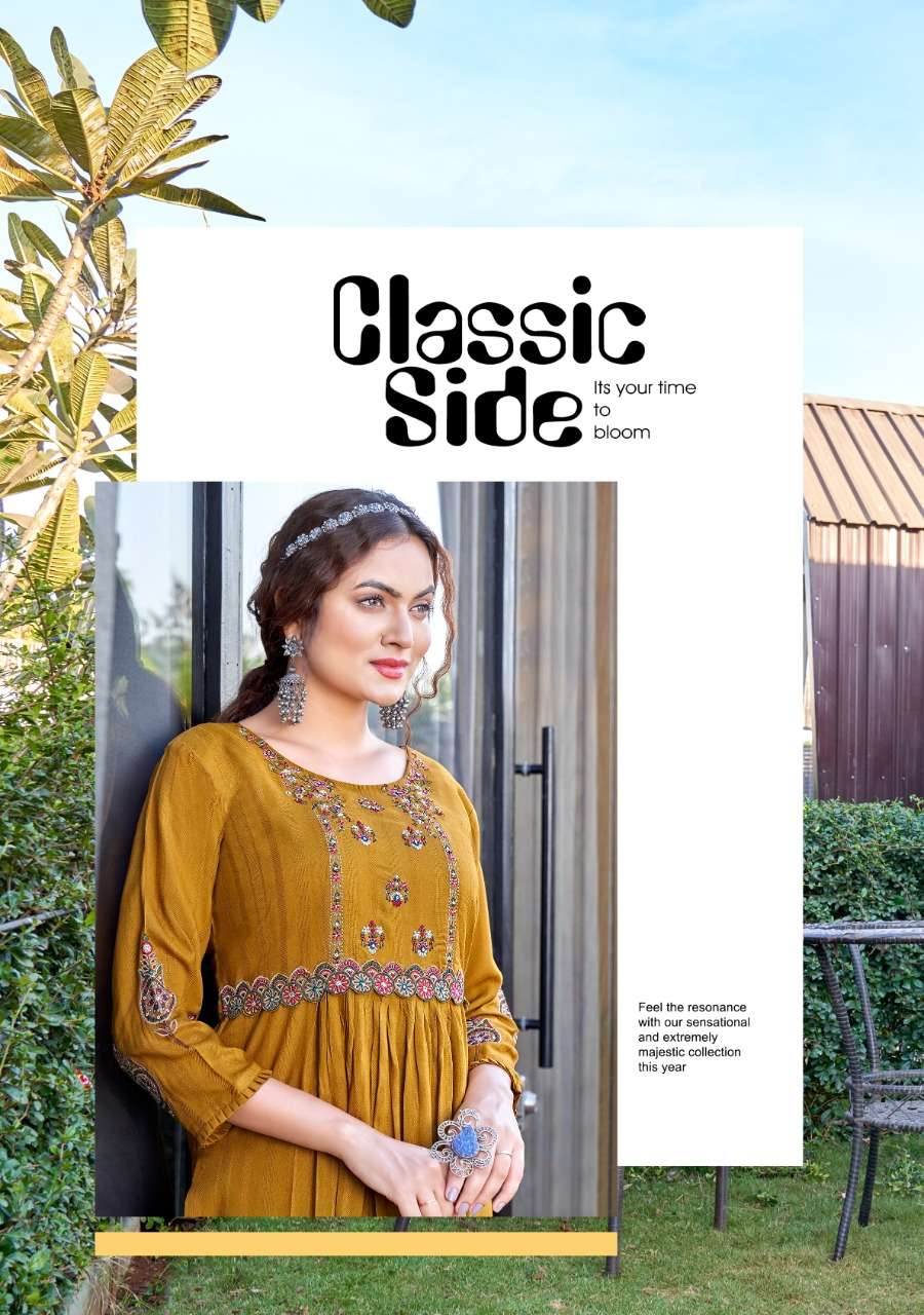 MORNI VOL 1 BY KOODEE BRAND PRESENTS HEAVY RAYON DOBBY HANDWORK, EMBROIDERY AND KHATLIWORK DESIGNER NAYRA STYLE KURTI-1005-C